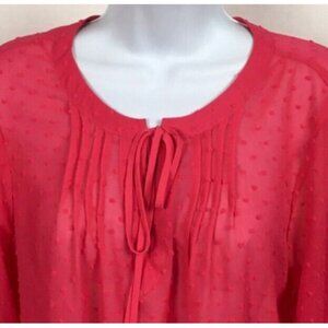 Elle Womens Top Size L Pink Shear Blouse with Pleated Round Neckline 3/4 Sleeves